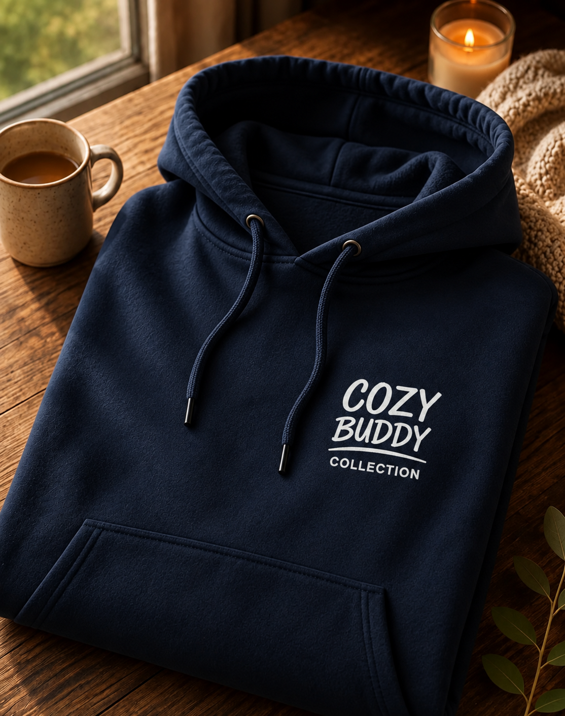 Cozy buddy collection hettegenser marineblå lys gul logo